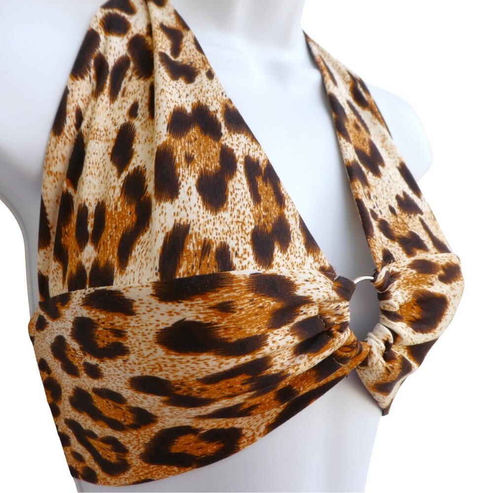 Romwe Halter Top Animal Cheetah Ruched O Ring Stretchy Knit Tie Neck Hippie M - Picture 2 of 5